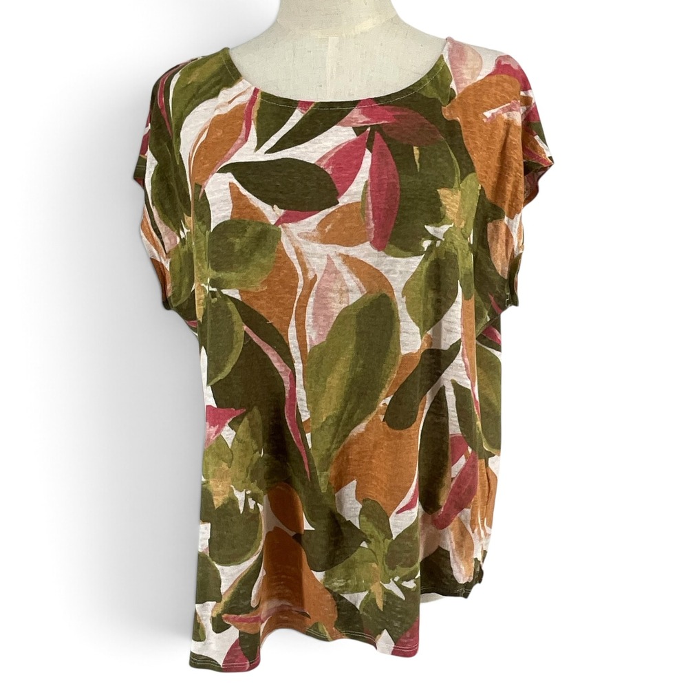 Tahari Womens Large 100% Linen Tropical Leaf Print Short Sleeve Blouse Green